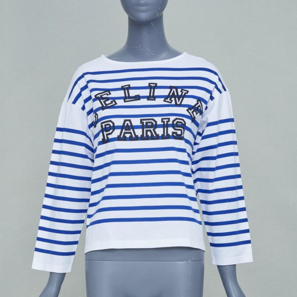 Celine 2021 White Blue Striped Boat Neck Tshirt